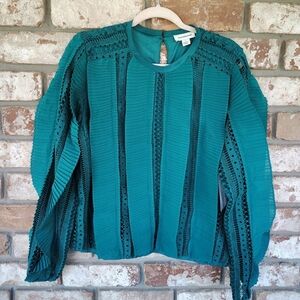 Calligraphie NWT Green Lace Pleated Detail Ling Sleeve Top L Career Party Artsy